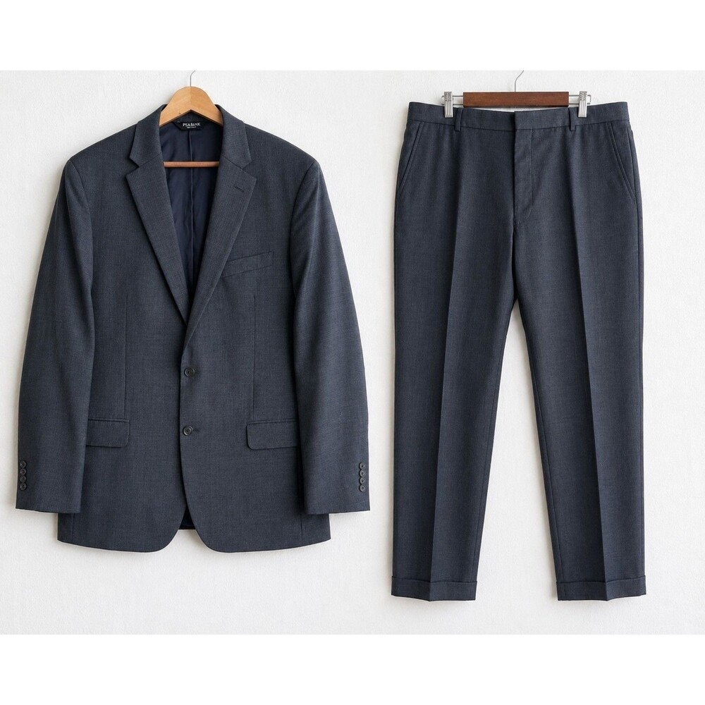 Jos A Bank Suit Set Men’s 44L Gray Solid Wool Double Vented Two Buttons Slim Fit